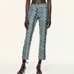 Zara Chevron Zig Zag Print Linen Pants Blue Green White Large
